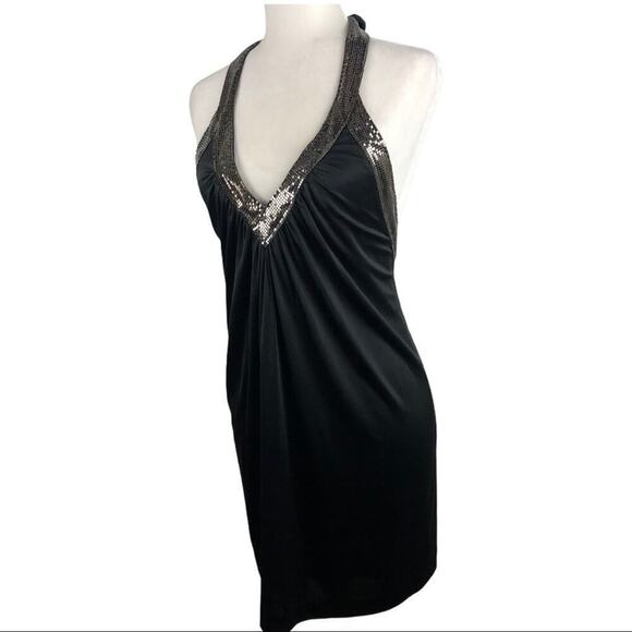 BCBG Diamante Mesh Mini Dress Black V-Neck Halter XS Clubwear Disco Party - Picture 2 of 14